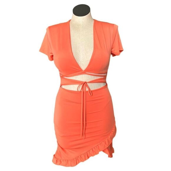 Effordram Women’s Orange Cutout Tie‎ Front Mini Wrap Dress Size Medium - Picture 1 of 5
